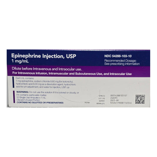 Epinephrine for Injection 1 mL Ampules (1:1000), 10/Box (Rx)
