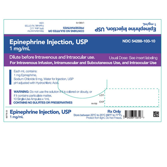 Epinephrine for Injection 1 mL Ampules (1:1000), 10/Box (Rx)
