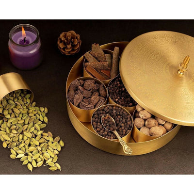 Akshata 06 Hand Etched Brass Spice Box Set for Kitchen with Spoon (7 Containers)