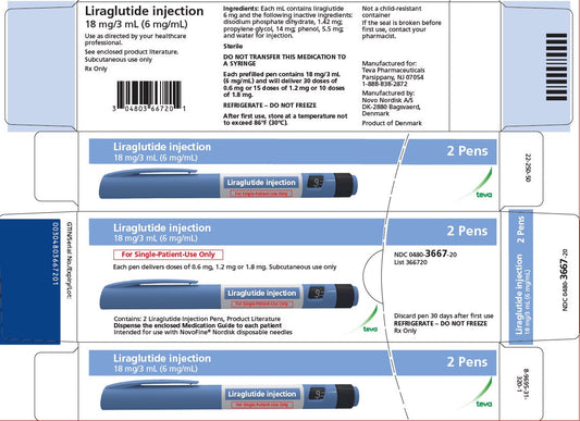 Liraglutide Injection Prefilled Pen 18 mg/3 mL (6 mg/mL) (2-Pack) ***Refrigeration