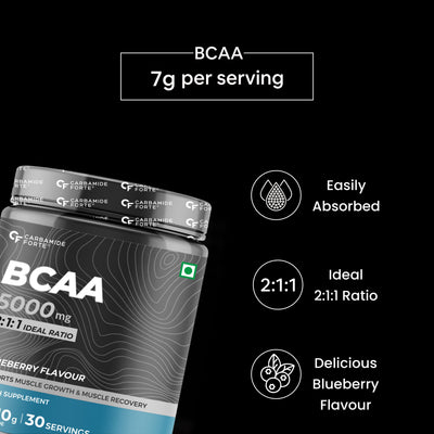 Carbamide Forte BCAA Powder 5000mg | BCAA Supplement For Women & Men Muscle Growth | BCAA Pre Workout & BCAA Intra Workout Supplement For Muscle Recovery| BCAA BlueBerry Flavour - 210g Powder