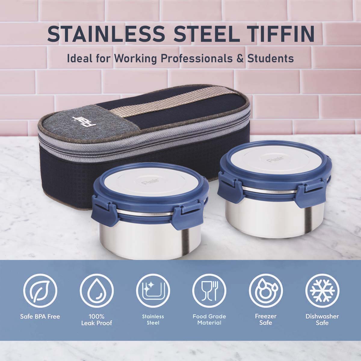 Flair Swift Click Stainless Steel Lunch Box with Bag