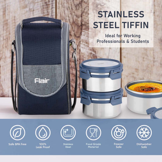 Flair Swift Click Stainless Steel Lunch Box with Bag