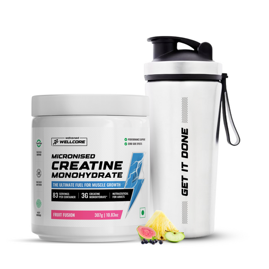 Wellcore - Micronised Creatine Monohydrate (83 Servings, Fruit Fusion) + Premium Steel Shaker