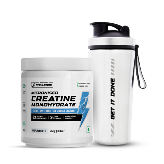 Wellcore - Micronised Creatine Monohydrate (83 Servings, Unflavoured) + Premium Steel Shaker