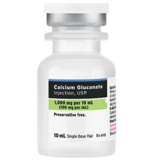 Calcium Gluconate Injection 1000 mg per 10 ml vial Single-Dose vials 10 mL x 25/Tray (Rx)