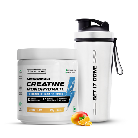 Wellcore - Micronised Creatine Monohydrate (83 Servings, Tropical Tango) + Premium Steel Shaker