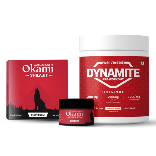 Dynamite Pre-Workout (210g, 15 Servings, Valencia Orange) + Okami Shilajit Resin (20g) | Energy & Stamina Booster | Lab Tested | For Men & Women