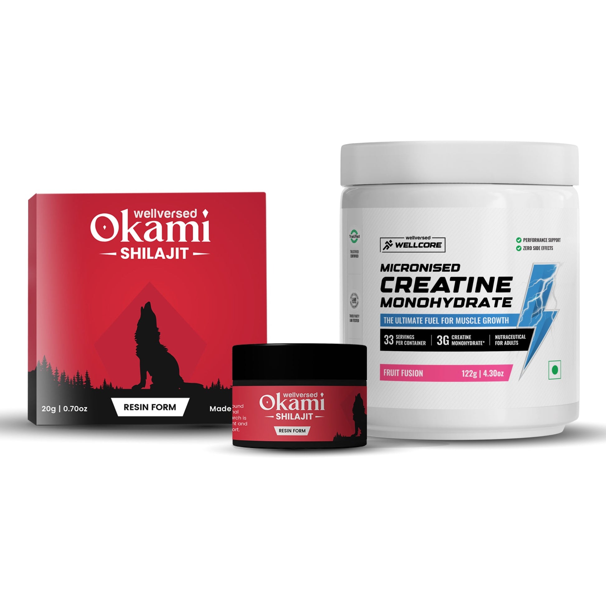 Wellcore Creatine (33 Servings, Fruit Fusion) + Okami Shilajit Resin (20g) | Power & Stamina Booster | Lab Tested | For Men & Women
