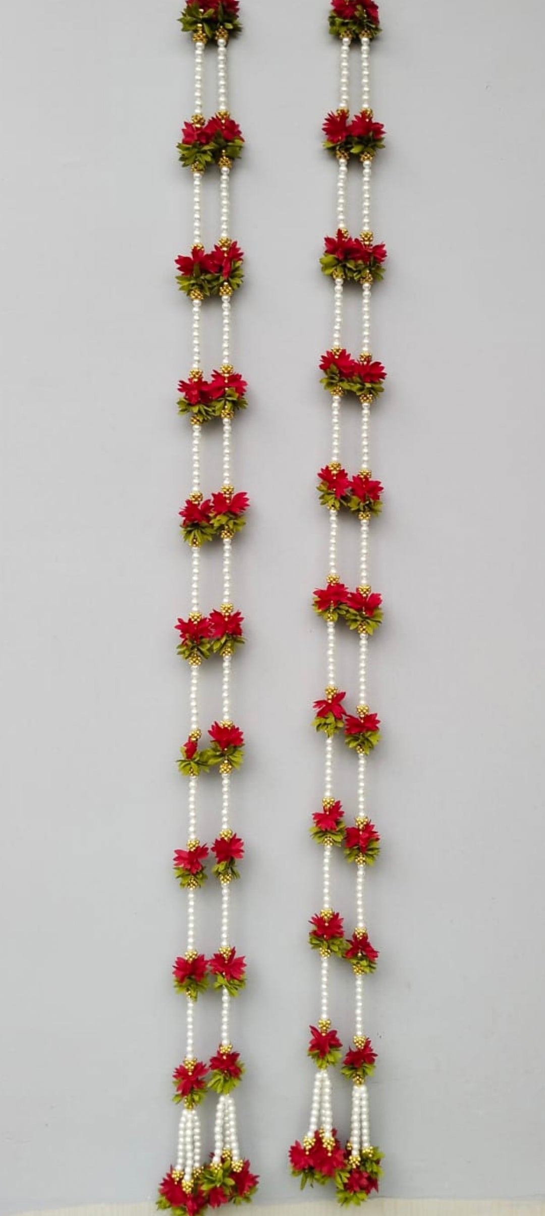 Elegant Long Hanging Red & Gold Bandarwaar Toran with Pearl Beads