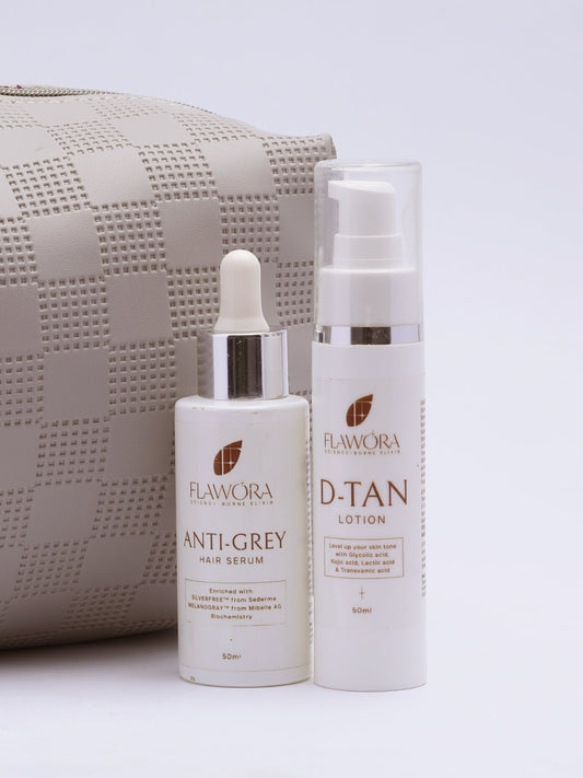 Flawora Anti-Grey Hair Serum For Reversing Grey Hair & D-Tan Lotion For Pigmentation Tan Removal 