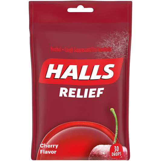 Halls Cough Drops Lozenges Cherry Flavor 30 Count