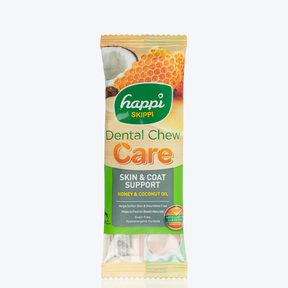 Happi Skippi Dental Chew Care Skin & Coat Support Honey & Coconut Oil Dog Treats - 4 inch - 25 gms each|100% Veg| Pack Of 4