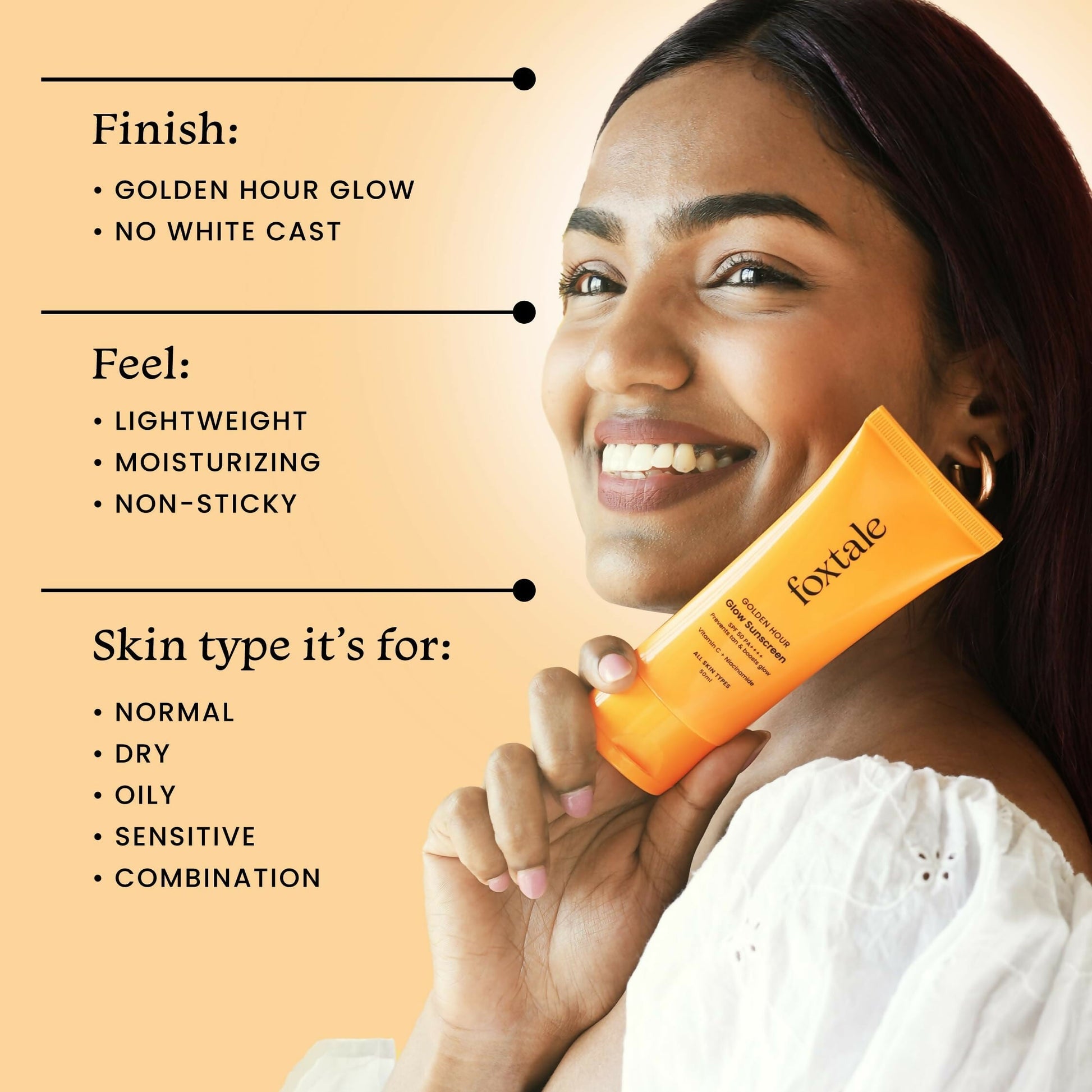 Foxtale Glow Sunscreen SPF 50 PA++++ Lightweight With Vitamin C And Niacinamide For a Dewy Glow, UVA And UVB Filters Prevents Tan