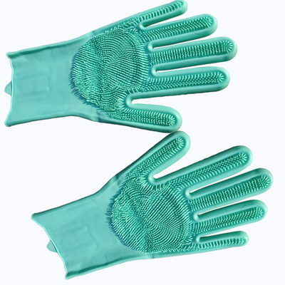 Reusable Dishwashing Gloves, Pair of Rubber Scrubbing Gloves for Dishes, Wash Cleaning Gloves with Sponge Silicone Scrubber