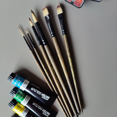 BRUSTRO AquaStrokes Artist Brushes | Set of 6 | Ideal for Watercolour, Gouache, Acrylics, Oil Brush, Synthetic Bristles,  Wooden handle | Made for Students and Professionals Artists