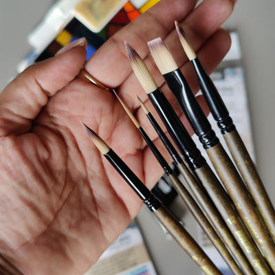 BRUSTRO AquaStrokes Artist Brushes | Set of 6 | Ideal for Watercolour, Gouache, Acrylics, Oil Brush, Synthetic Bristles,  Wooden handle | Made for Students and Professionals Artists