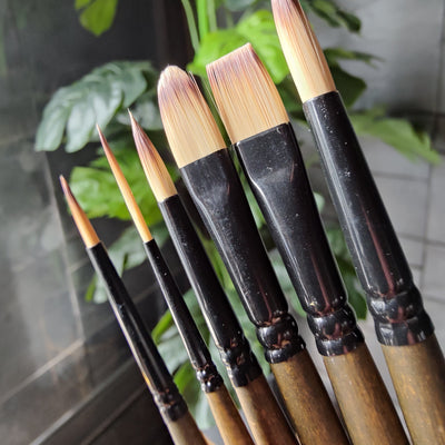 BRUSTRO AquaStrokes Artist Brushes | Set of 6 | Ideal for Watercolour, Gouache, Acrylics, Oil Brush, Synthetic Bristles,  Wooden handle | Made for Students and Professionals Artists