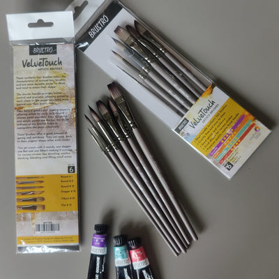 BRUSTRO VelveTouch Artist Brushes  | Set of 6 | Gouache, Acrylics, Watercolor, and Oil Painting | Short Handle, Synthetic Bristles, Round, Filbert, Dagger, Flat Shape