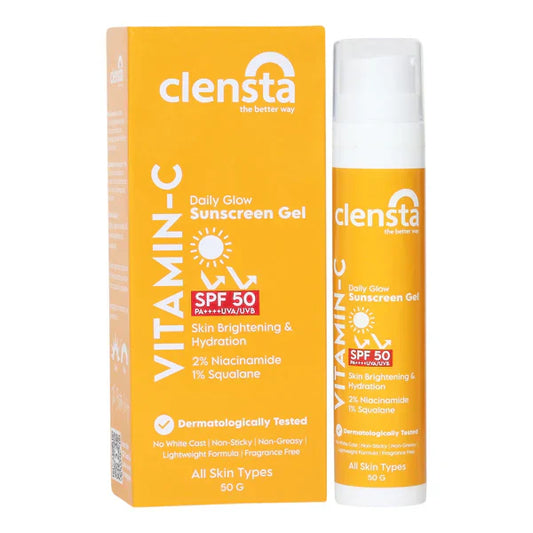 Clensta Vitamin C Daily Glow Sunscreen Gel SPF 50 PA++++ UVA/UVB Vitamin C, 2% Niacinamide and 1% Squalane for Sun Defense & Hydration- 50 gm Broad Spectrum Protection PA++++ | Sweat & Water Resistant | Zero White Cast | UVA/UVB