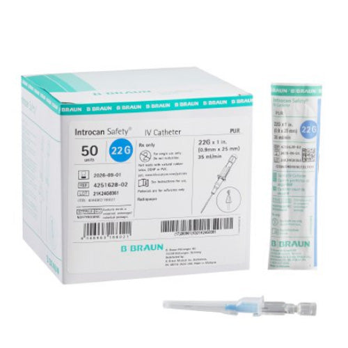 Introcan Safety IV Catheter Needles 22 gauge x 1 inch, Sterile 50/Box by B Braun