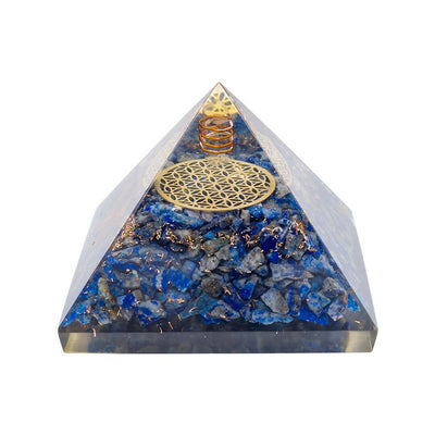 Golden Peacock Blue & Gold-Toned Lapis Lazuli Orgone Stone Pyramid Prism Paperweight