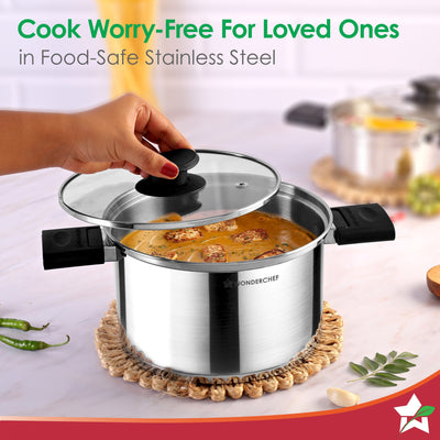 Click and Cook Stainless Steel Casserole 3 Pc Set | 6.5 L, 3.2 L, 1 L | Unique Foldable Cool-touch Handles | Tri-ply Bottom | Glass Lid with Steam Vent | Induction and Gas Cooktop Friendly