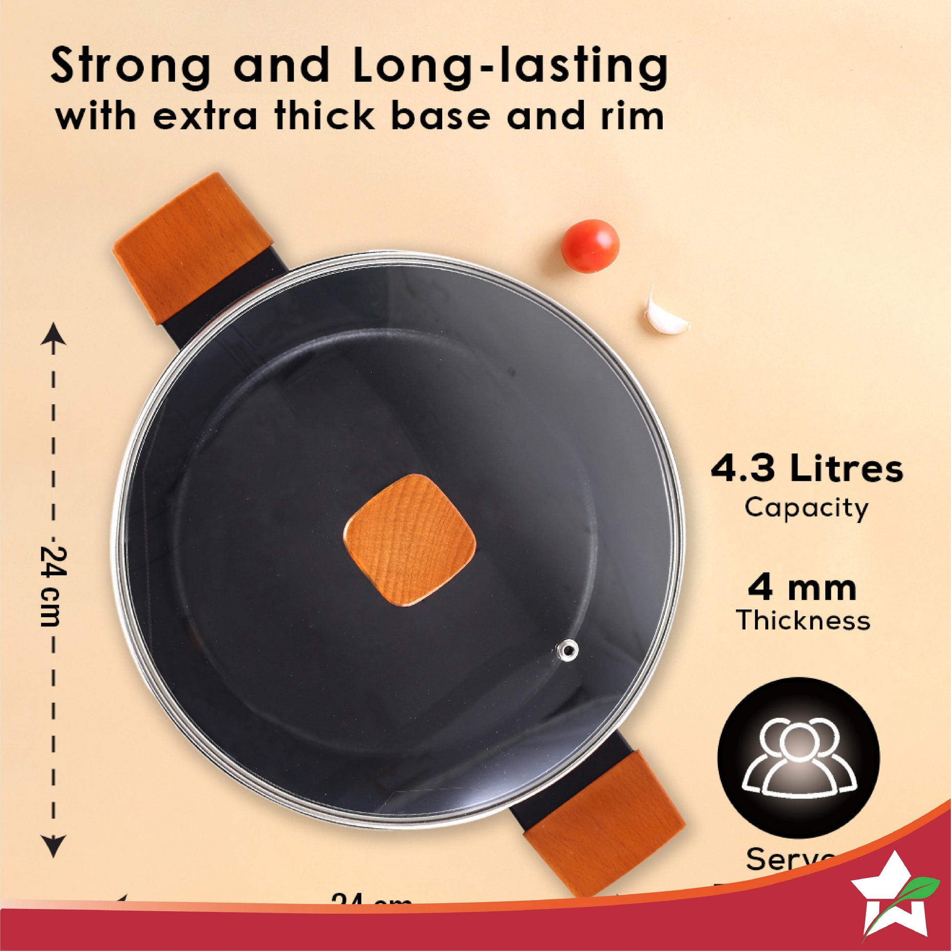 Caesar Non-Stick Casserole with Lid, German Beechwood Handle, Pure Grade Aluminium, Induction Bottom, 5 mm, Black,  5 Years Warranty