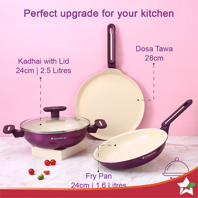 Bellagio Ceramic Non-stick 4 pc Cookware Set, Kadhai with Lid, Fry Pan & Dosa Tawa, Deep Purple, 2 Years Warranty