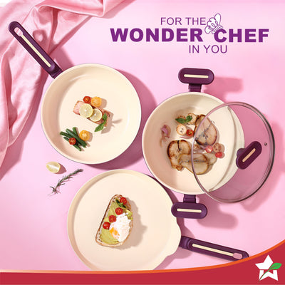 Bellagio Ceramic Non-stick 4 pc Cookware Set, Kadhai with Lid, Fry Pan & Dosa Tawa, Deep Purple, 2 Years Warranty