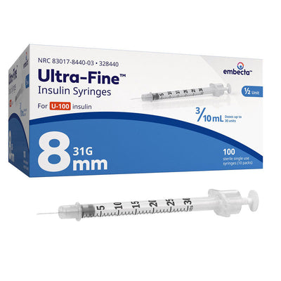 Luer Lock Syringes 3 mL without Needle 5/16 inch, 0.3 mL Ultra-Fine, 100/box