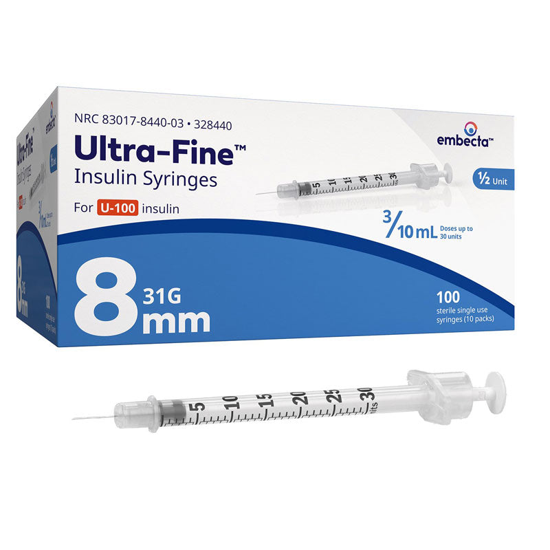 Luer Lock Syringes 3 mL without Needle 5/16 inch, 0.3 mL Ultra-Fine, 100/box