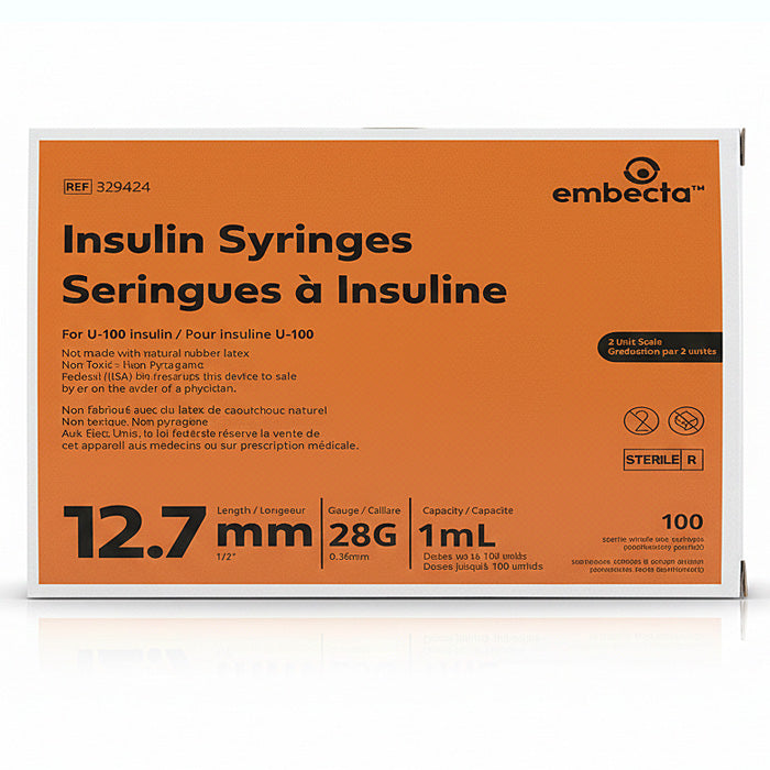 Insulin Syringes 28 Gauge x 1/2 inch, 1 mL Micro-Fine Needle U-100 Embecta 329424 Sterile 100/Box