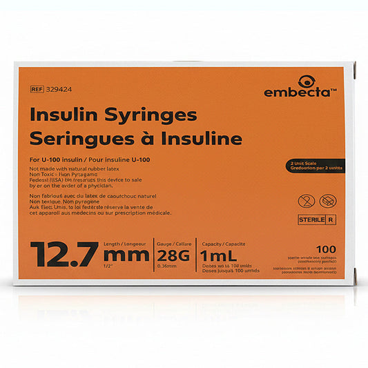 Insulin Syringes 28 Gauge x 1/2 inch, 1 mL Micro-Fine Needle U-100 Embecta 329424 Sterile 100/Box
