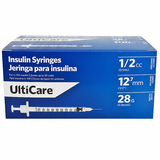 Insulin Syringes 28 gauge x 1/2"(12.7 mm) 0.5 mL Regular Needle by Ulticare 100/Box