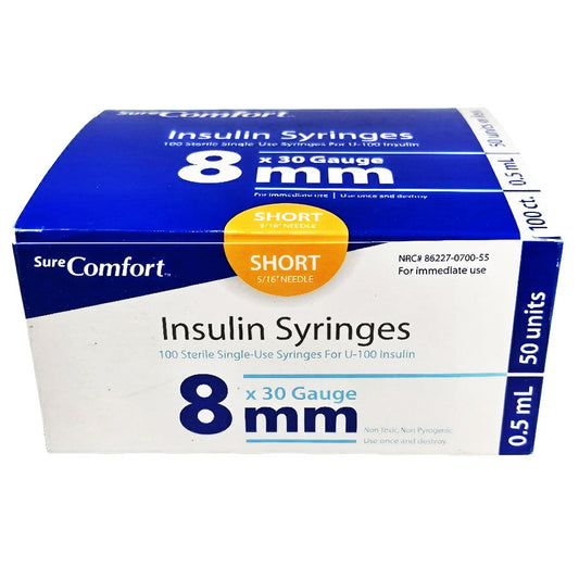 Insulin Syringes 30 g x 5/16" 0.5 mL, Sterile by Sure Comfort 100/Box