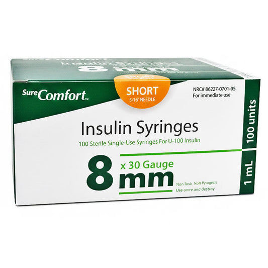 Insulin Syringes 30g x 5/16", 1 mL Sterile by Sure Comfort 100/Box