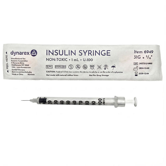 Insulin Syringes 31 Gauge x 5/16", 1 cc Individually Wrapped, 100/box