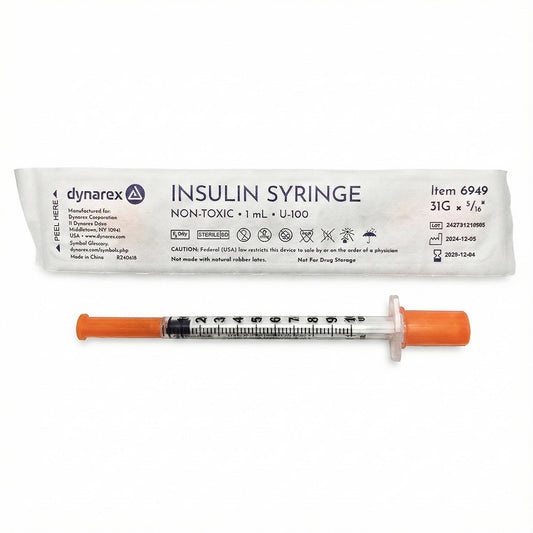 Insulin Syringes 31 Gauge x 5/16", 1 cc Individually Wrapped, 100/box