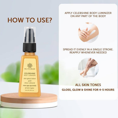 Bella Vita Organic Celeb Shine Body Luminizing Shimmer skin Gloss Lotion Gold Shea Butter Almond