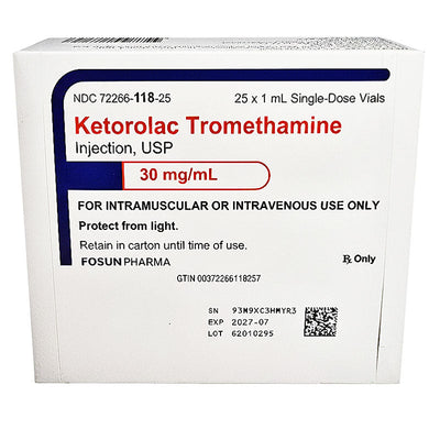 Ketorolac Injection 30 mg/ mL, Preservative Free Single Dose 1 mL x 25/Tray (Rx)