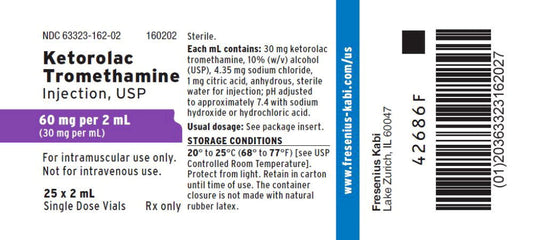 Ketorolac Tromethamine Injection 60 mg per 2 mL Single Dose Vials 2 mL x 25/Pack (RX)