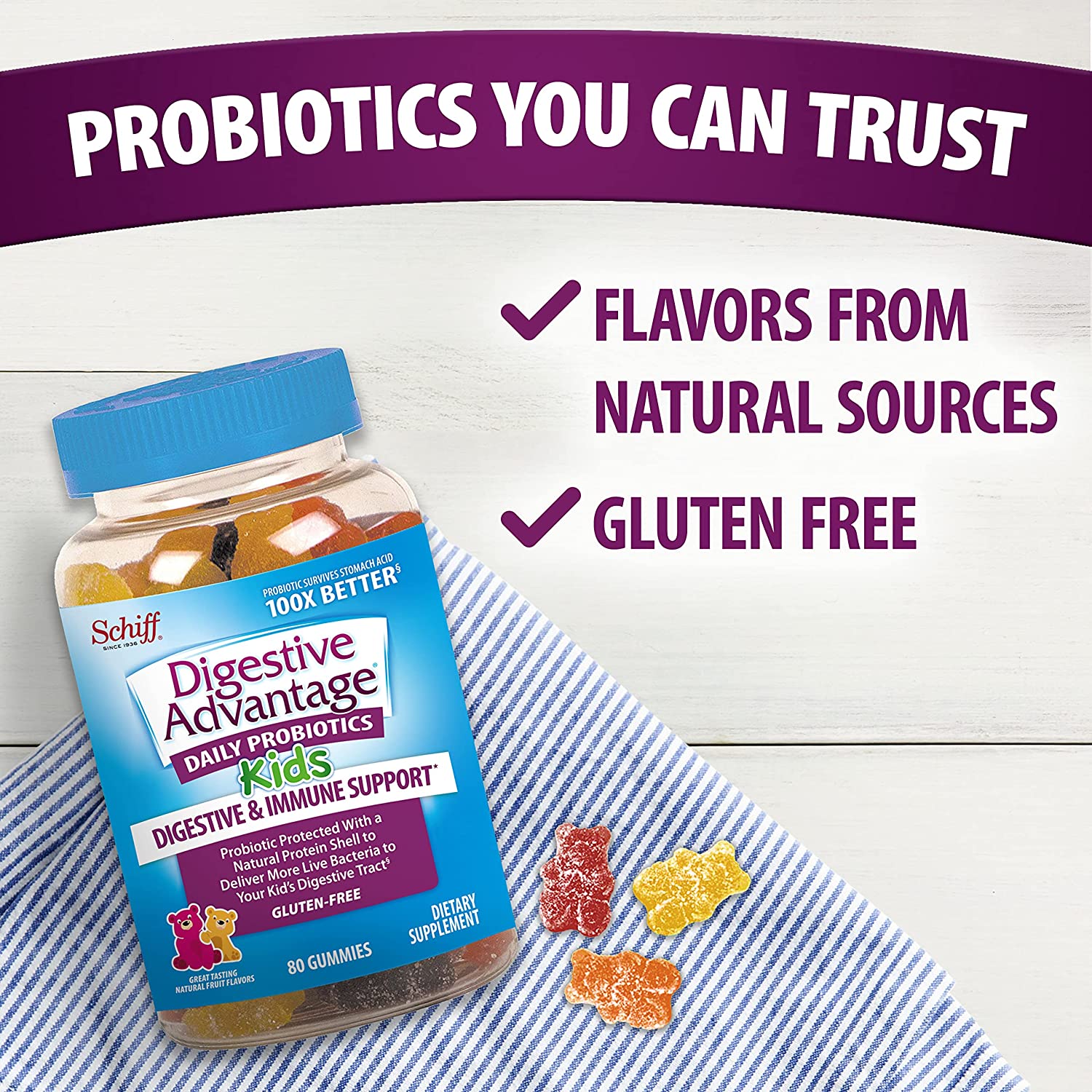 Digestive Advantage Kids Probiotic Gummies Chewable Assorted Fruit Flavor 60 Count