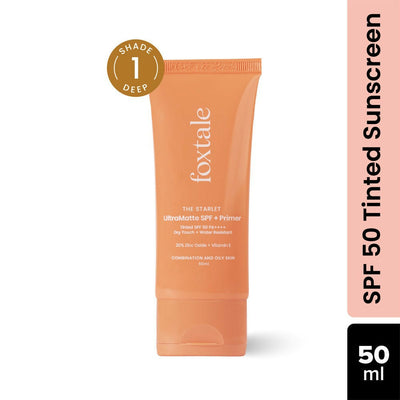 Foxtale Tinted Sunscreen SPF 50 PA++++ & Primer Shade 1 - Deep, Water Resistant with Dry-Touch Finish, Blurs Out Pores