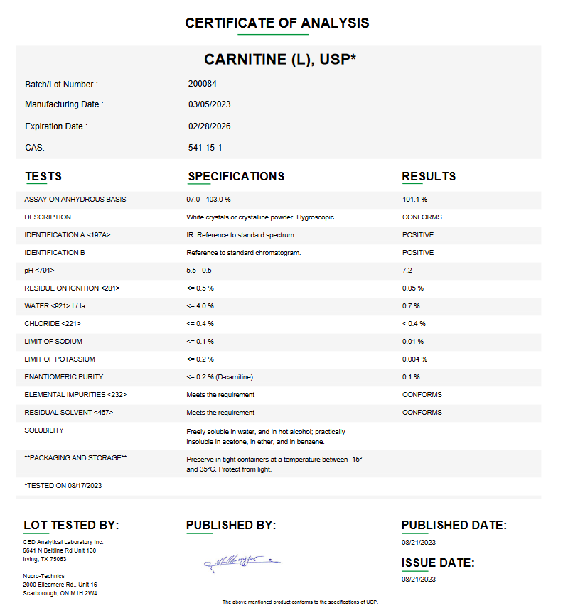 L-Carnitine API Powder USP For Compounding