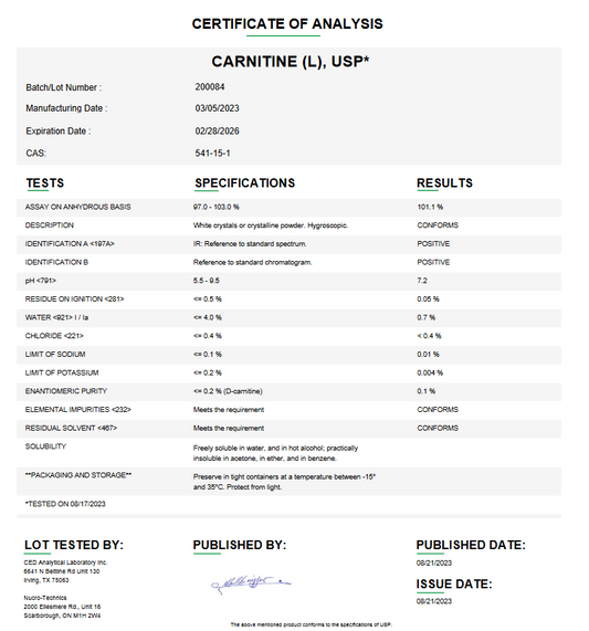 L-Carnitine API Powder USP For Compounding