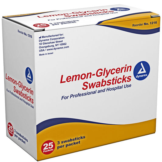 Lemon Glycerin Swabsticks, 3 Swabsticks per Packet, 25 Packets Per Box, Lemon Flavored