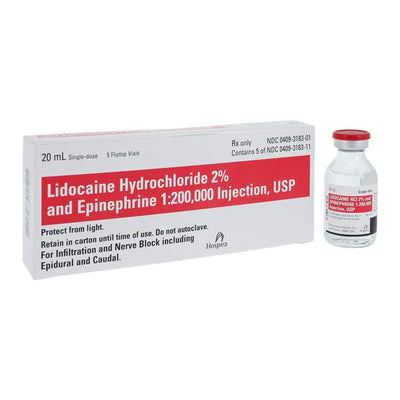 Lidocaine Hydrochloride 2% and Epinephrine 1:200,000 for Injection 20 mL, 5/Box (Rx) Exp 12/31/26