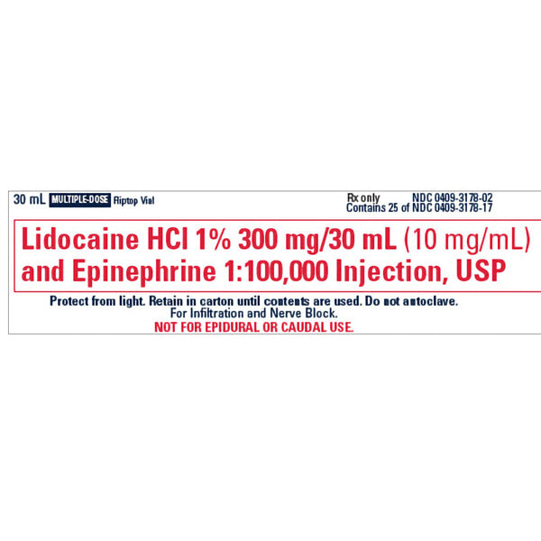 Lidocaine 1% with Epinephrine 1% 1:100,000 Inj 30 mL Multiple Dose, 25/Pack (Rx)  Exp : August 2026