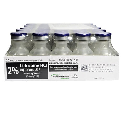 Lidocaine 2%, Lidocaine Injection Numbing Shot 20 mL Multi-Dose Vials Hospira Pfizer 25/tray (Rx)